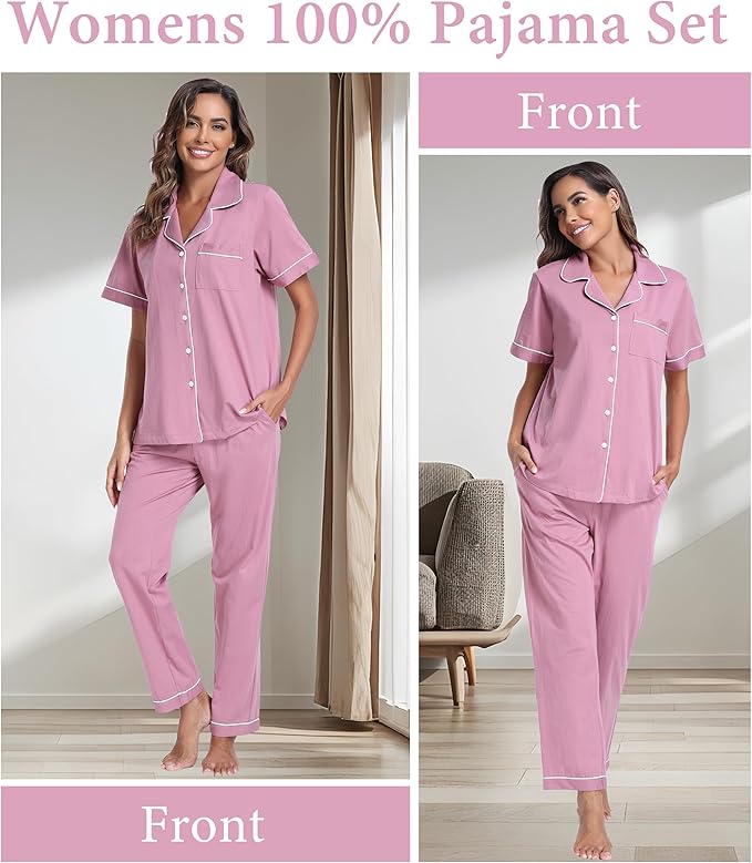CF Womens 100% Cotton Pajamas Set Button Down Pjs Sets Short Sleeve Top & Long Pants Sleepwear Comfy Loungewear with Pockets