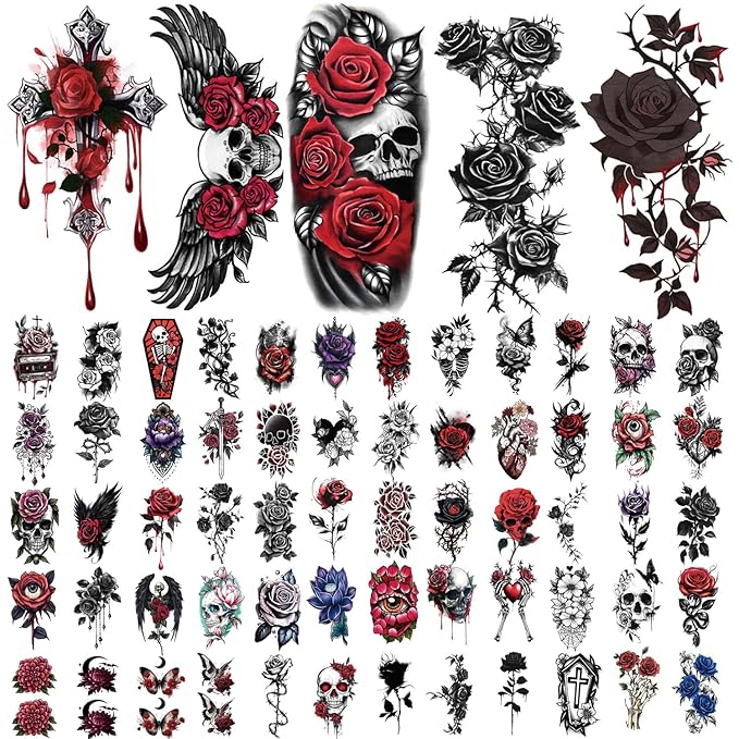 77 Sheets Skull Rose Temporary Tattoos, Lotus Flower Butterfly Half Arm Realistic Fake Tattoos Stickers for Adult Women Men Kids