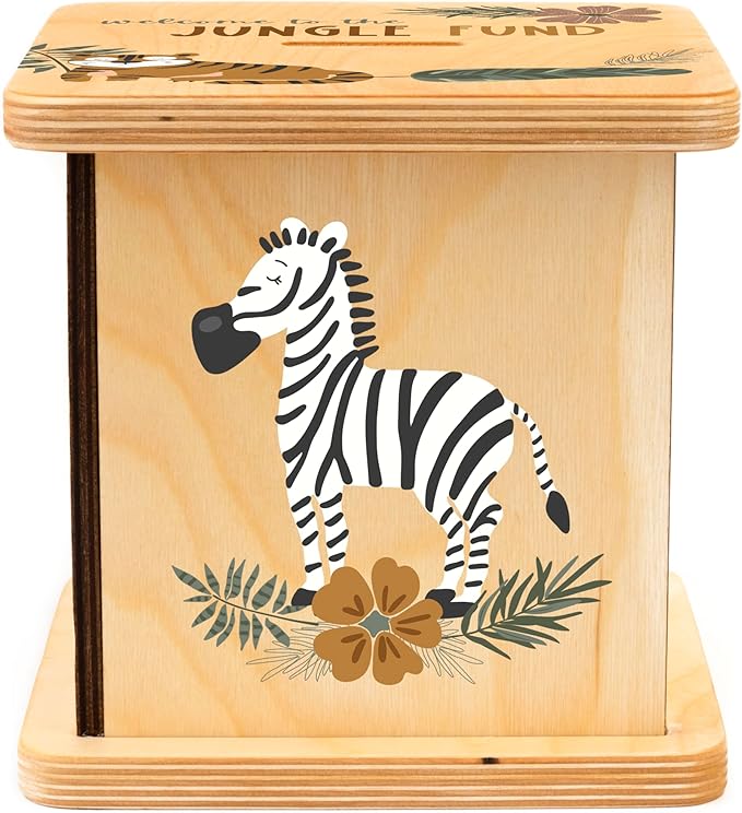 Wooden Piggy Bank for Kids and Adults, Personalized Gift Handmade in USA by BloomOwl, Custom Piggy Bank, Personalized Banks for Kids, Gifts for Baby Boys and Girls (Earthy Jungle)