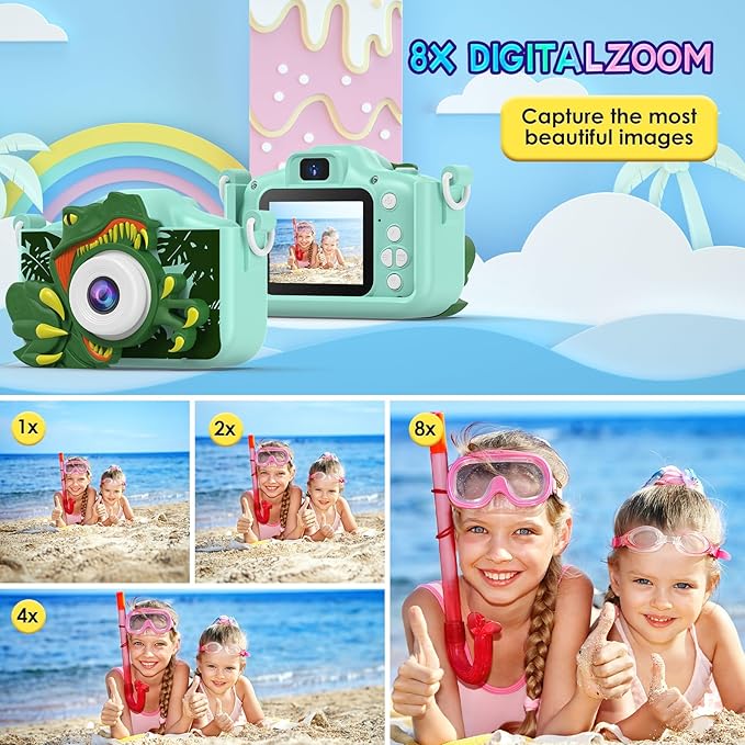 Dinosaur Camera for Kids with Cartoon Silicone Cover, Digital Mini Camera Toys for 3 4 5 6 7 8 9 10 11 12 Year Old Boys Girls Birthday Chirstmas Gifts Ideas - Personal Video Players (T-REX Green)