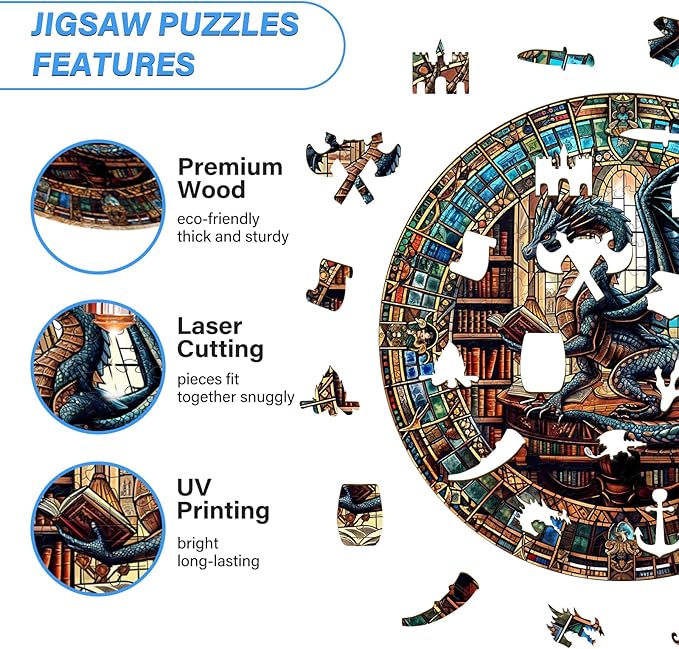 WOODBESTS Wooden Puzzles for Adults (200 Piece, M, 11.4"x11.4") Dragon's Library Wood Puzzle Adult, Unique Wooden Animal Jigsaw Puzzles, Family Game and Birthday Gifts for Friend