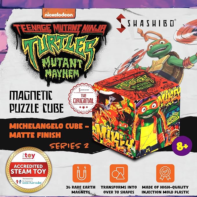 SHASHIBO Teenage Mutant Ninja Turtles Shape Shifting Box - STEM Magnetic Fidget Cube That Transforms Into Over 70 Shapes, Download Fun in Motion Toys Mobile App (Mikey)
