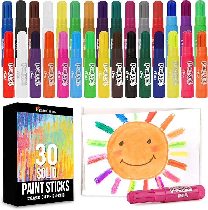 Tempera Paint for Kids and Toddlers - 30 Large Paint Sticks - Washable, Solid, Non Toxic, Mess free Paint Set - Arts and Crafts for Kids - for Wood, Glass, Canvas, or Card painting