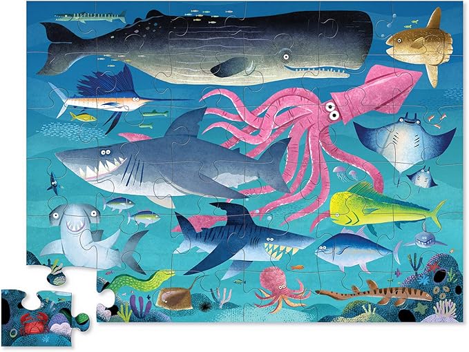 Crocodile Creek 36-Piece Jigsaw Floor Puzzle - Fun Floor Puzzles for Kids Ages 3-5 - Heavy-Duty Shaped Box for Storage - Shark Reef - 24" W x 18" H Finished