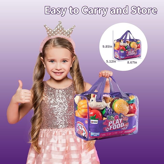 Pretend Play Food for Kids Kitchen - 78Pc Cutting Toy with Storage Bag, Toys Veggies, Fruits, Fake Pizza Toy, Food, Accessories, Boys Girls Gift, 9.5 x 7 x 6 in (ZY-78)