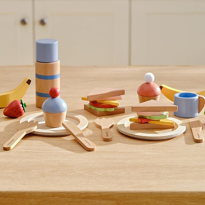 Wooden Picnic Play Set for Kids, 30-Piece Pretend Play Food Toy with Thermos, Sandwiches, Fruits, Utensils, Canvas Carry Bag & Blanket, Pretend Play Kitchen Accessories for Toddlers Age 3+