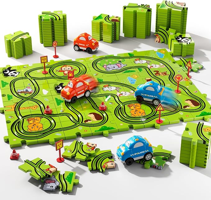 48PCS Puzzle Race Track Car Set Toys for Kids Boys, Floor Puzzle Car Tracks for Boys Ages 3-5 4-6, Toddler Toys Gifts for 3 4 5 Year Old Kids, Ideal 3 4 5 6 Year Old Birthday Gifts