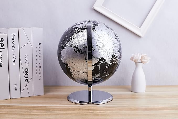 ANNOVA Metallic World Globe Black – Educational/Geographic/Modern Desktop Decoration - Stainless Steel Arc and Base/Earth World - Metallic Black - for School, Home, and Office (10-Inch)