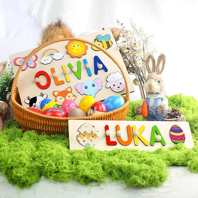 Name Puzzle for Kids Personalized, Montessori Educational Toys, Customized Wooden Puzzles for Toddlers 1-3, 1st Birthday Gift for Boys and Girls, Easter Basket Stuffer