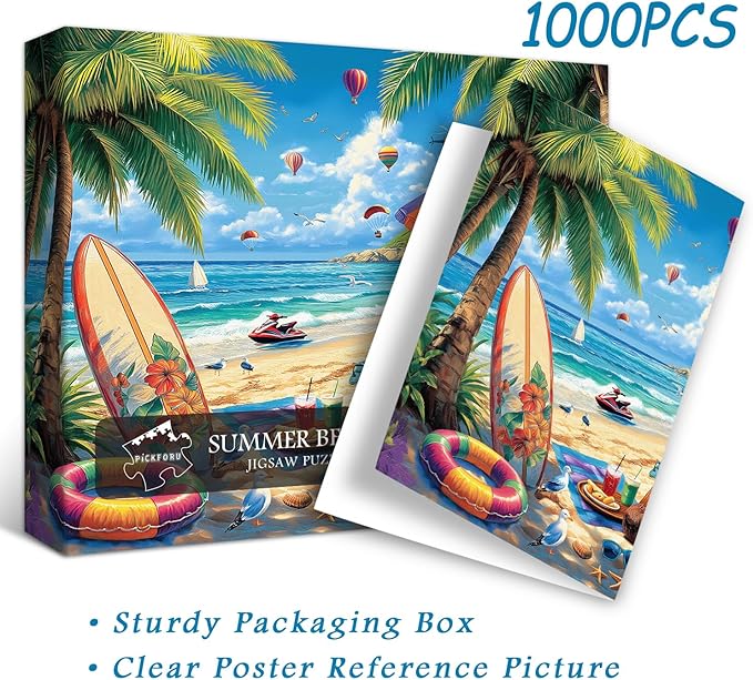 Beach Puzzles for Adults 1000 Pieces, PICKFORU Vintage Summer Puzzle Lounge Chair Beach Vacation, Difficult Seaside Puzzles for Adults, Colorful Art Puzzle as Wall Decor