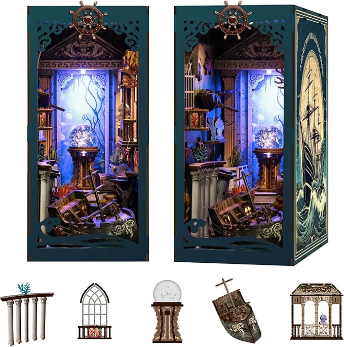 Book Nook Kit - DIY Miniature Dolls House Kit with Furniture and LED Light, 3D Puzzle Wooden Art Bookends, Model Kits for for Adults and Teens (Deep Sea Secret Shadow)