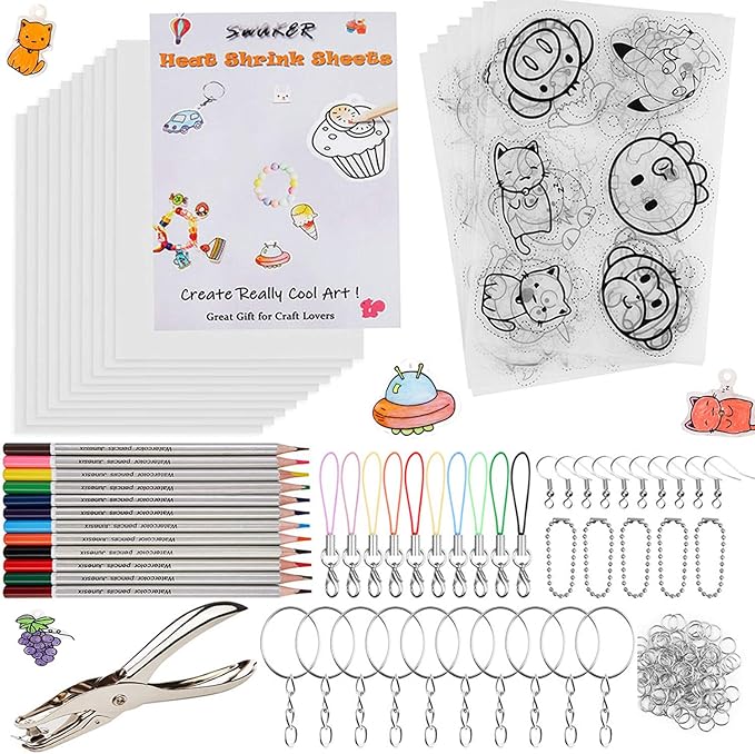 Shrink Art Kit - 166 Pcs with 10 Pcs Shrink Film Paper, 8 Pcs Patterned Shrinky Plastic Paper, Hole Punch, Keychains & Pencils for Crafts and DIY Keychains