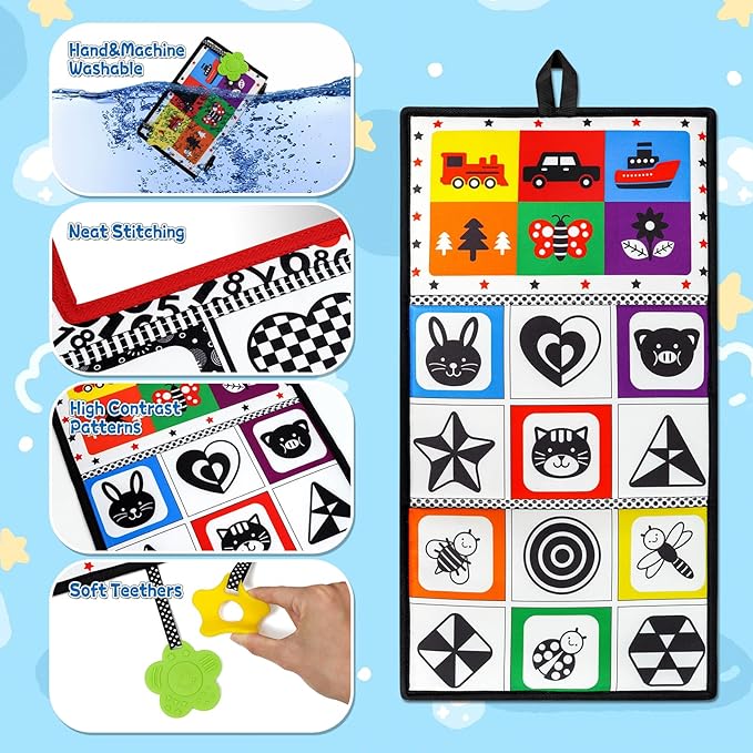 Dr.Rapeti Tummy Time Floor Mirror for Baby Infant Toddler Kids Black and White High Contrast Baby Toy with Teethers Floor Activity Toy Washable Non-Toxic