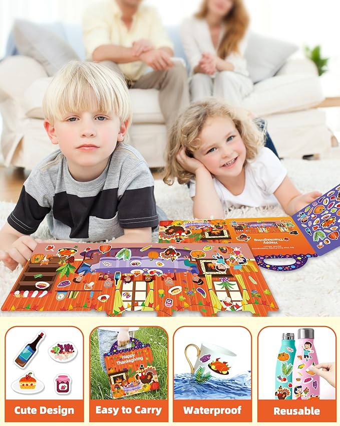 Reusable Sticker Book for Toddlers 2-4 Years, Stickers for Kids, Toddler Craft Activities, Toddler Travel Toys Ages 2+ Boy Girl Birthday Gifts - Thanksgiving