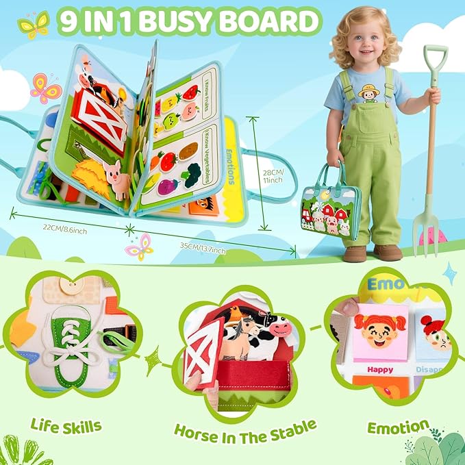 Busy Book for Toddlers - Farm Montessori Toys Busy Board for Boy Girl Gifts Educational Learning Activity Book Toddler Airplane Travel Toy Birthday Gift