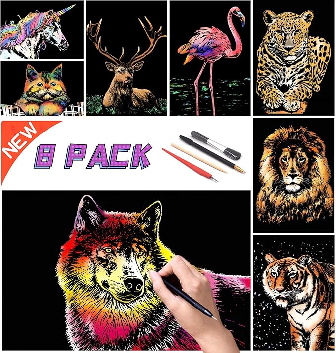 Scratch Rainbow Painting Art Paper Scratch & Sketch Art for Adults Scratch Painting Creative Gift Engraving Art&Craft Set Sketch Pad DIY Scratchboard with 4 Tools 11.7''x8.3''(Animal Series)