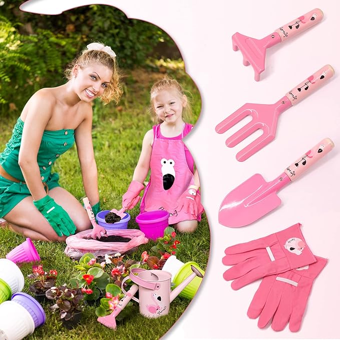 Kids Gardening Tool Set Pink, Kid Rake and Shovel Set, 29.6'' Metal Leaf Rake, Shovel, Hoe and Mini Garden Yard Tools, Gardening Toy Gift for Kids Age 3+ Years(Pink), Develop Intelligence