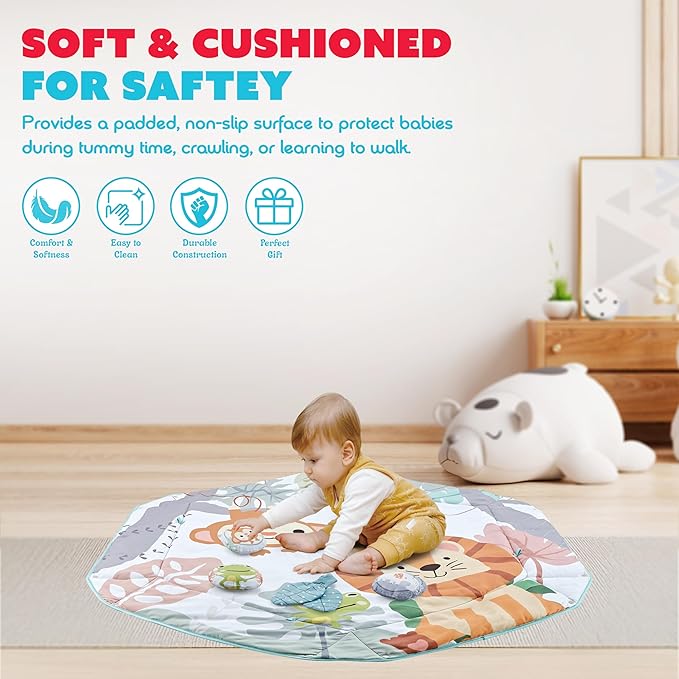 Henry & Colin Baby Activity Play Gym Mat with Hanging Toys, Soft Padded Mat, Sensory Development Play Area for Newborns and Infants, Convertible Play Center for Tummy Time and Fun Learning (Blue)