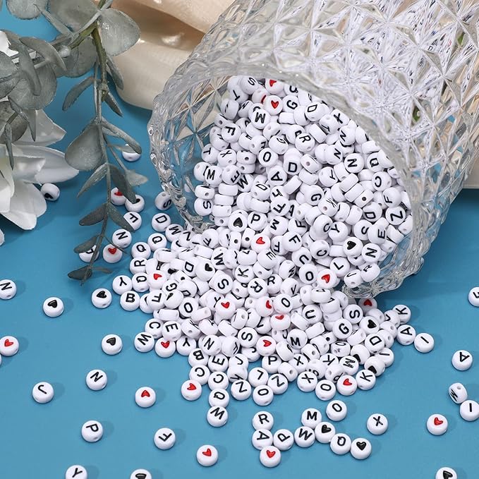 Letter Beads, DECYOOL 1900Pcs 4×7mm Wihte Black Acrylic Alphabet Beads with 1 Roll Elastic String for Bracelet Necklace