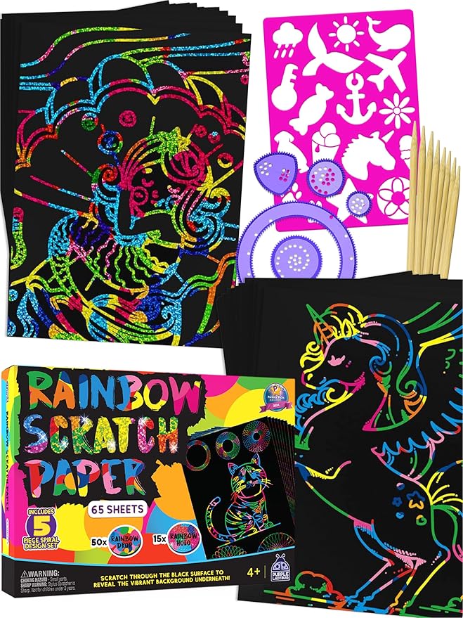 PURPLE LADYBUG Rainbow Scratch Art Paper, 79 PCS Creative Drawing Paper & Stencils - Arts and Crafts for Ages 4-12, Kids Craft Activity Set for Halloween, Christmas Gift, Birthday Party Games