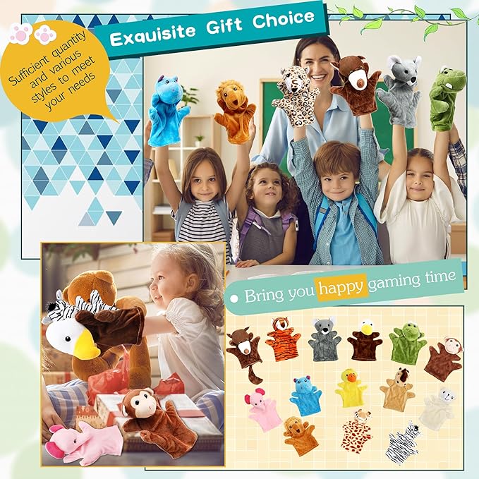 15 Pack Safari Animal Hand Puppet Zoo Plush Animal Hand Puppets Elephant Giraffe Bear Monkey Zebra Stuffed Puppet Toys for Kids Adult Show Theater Telling Story Teaching Role Play