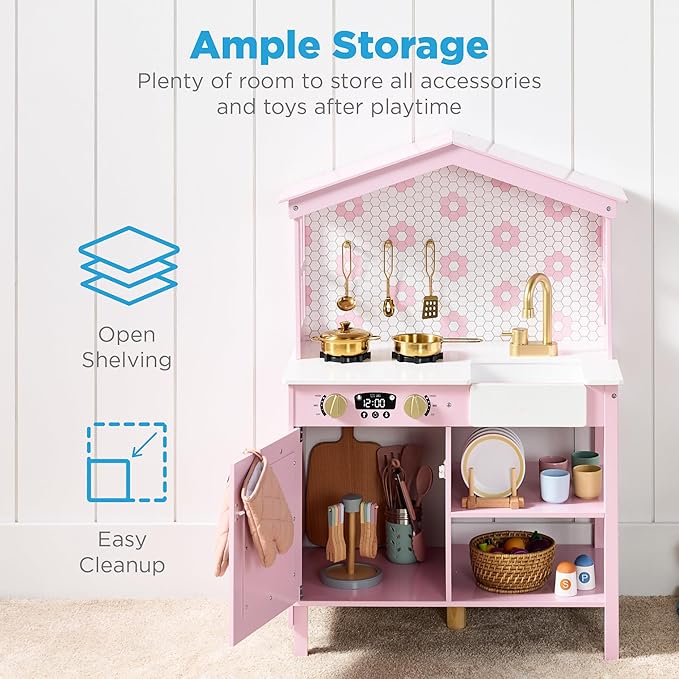 Best Choice Products Pretend Play Wooden Farmhouse Kitchen Set for Kids w/Toy Storage, Clicking Knobs, Windows, 5 Accessories Included - Rose
