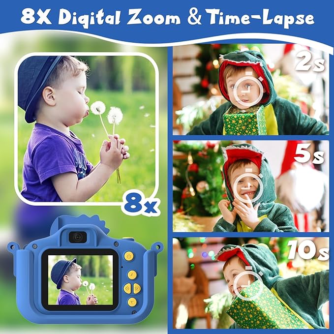 Dinosaur Kids Camera, Toddler Camera, Christmas Birthday Gifts Toys for Boys Age 3-12 Years, HD Selfie Kid Digital Camera with 32GB Card, Dinosaurs Toys for Kids 3 4 5 6 7 8 Years Old Gift (Blue)