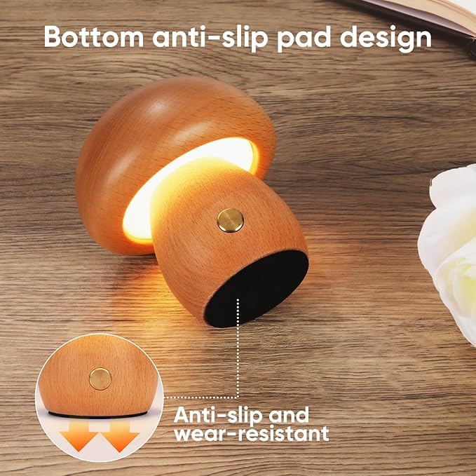 Wooden Mushroom Lamp, Portable Cordless Rechargeable Battery Operated Lamp,Stepless Dimming, Night Light for Birthday Gifts