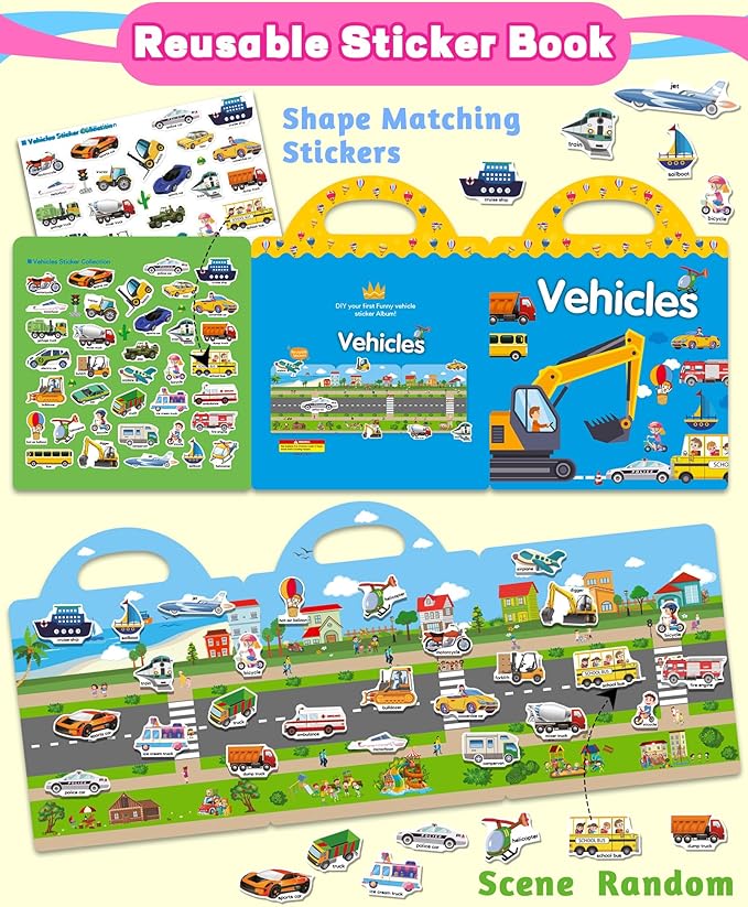 Reusable Sticker Book for Toddlers 2-4 Years, Stickers for Kids, Toddler Craft Activities, Toddler Travel Toys Ages 2+ Boy Girl Birthday Gifts