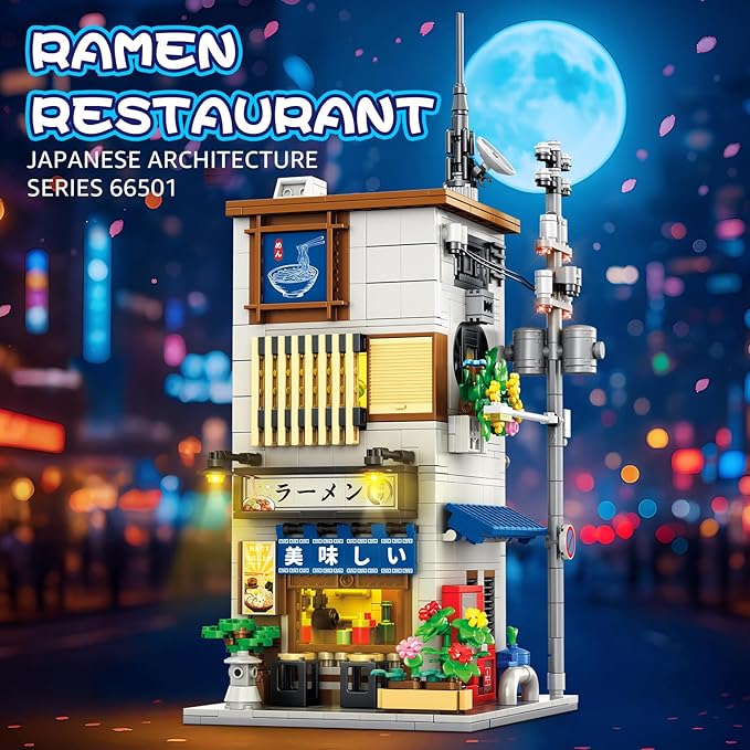 Reobrix Japanese Ramen Shop Building Blocks 66501, 2 in 1 Creative Street View House Building Kit with Light, Japanese Architecture Home Office Decor, Ideal Gifts for Boys Girls Adults 14+