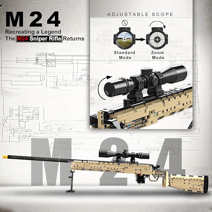 M24 Building Blocks Gun-Sets for Adults Boys, 1:1 Sniper Rifle Big Model Kit That Shoot Army Toys for Kids Age 8+, Realistic Military Collection Cool Birthday Gifts for Teen Men 1380pcs