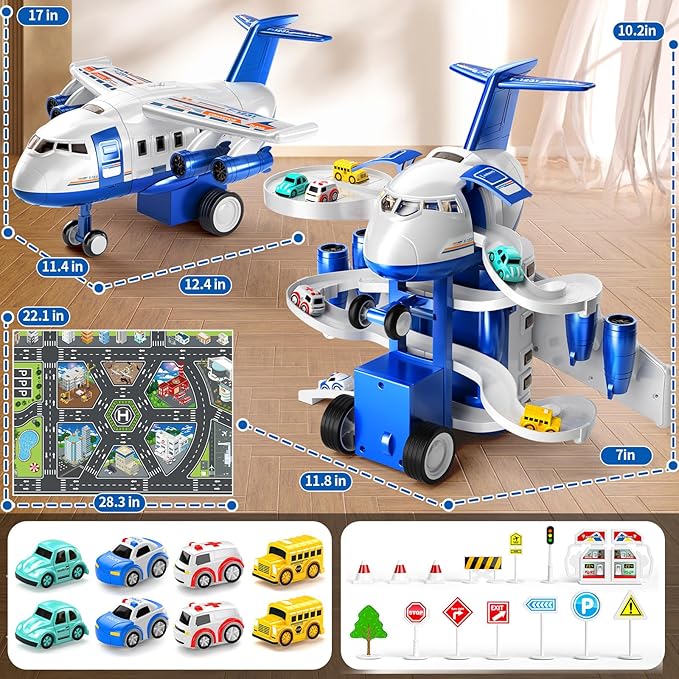 Airplane Toys for Toddlers 2-4 - Boy Toy Car Race Tracks for Kids Ages 3-5 with 8 Small Car Toys, Toddlers Educational Toy, Birthday Gifts for Boys 3-5