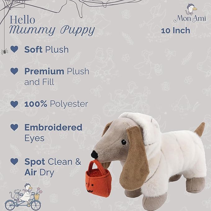 MON AMI Mummy Puppy Plush Toy – 10” Halloween Stuffed Animal Plushie with Bandage Fur & Trick-or-Treat Bag | Cute Mummy Dog for Kids, Toddlers & Festive Decor | Perfect Cuddle Buddy