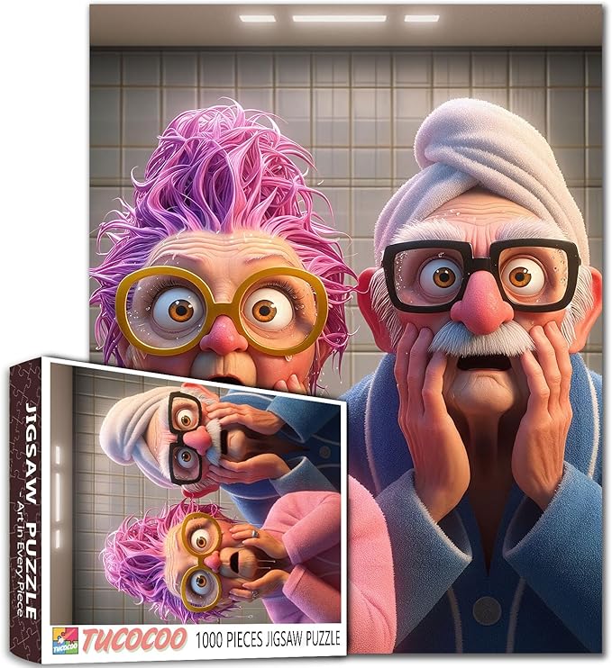 Funny Elderly Couple Bathroom Scene Jigsaw Puzzle for Adults 1000 Pieces Cartoon Style Whimsical Art Puzzle 20×27 Inches Colorful Bathrobe and Glasses Puzzles for Seniors Educational Game