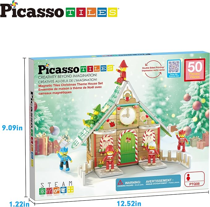 PicassoTiles Magnetic Tile Christmas Holidays Cottage Building Set with Santa Elves Nutcracker 6 Character Figures STEM Educational Construction Toy Winter Magnet Block Gift for Kids Age 3 Plus PTQ08