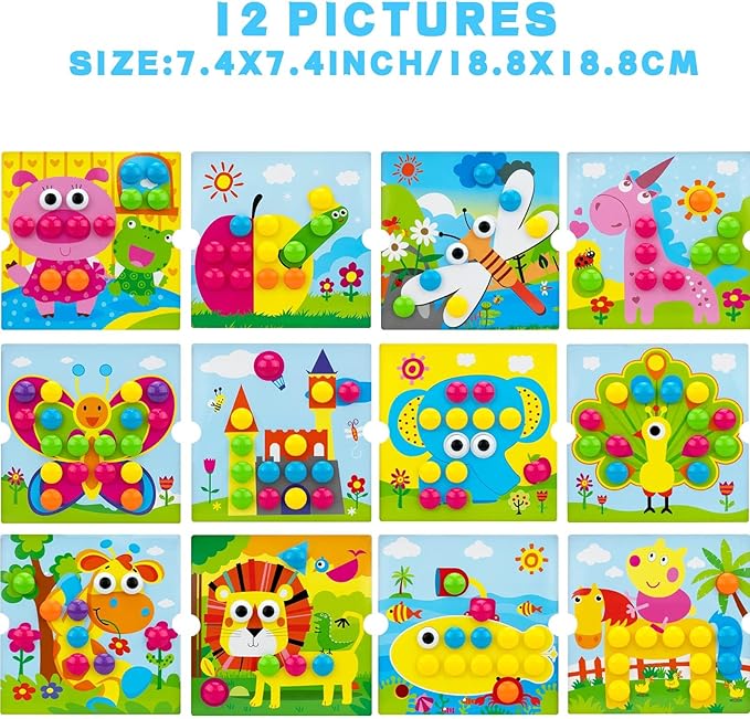 Button Art Toys for Toddlers Ages 3-5, Early Learning Educational Toys, Color Matching Mosaic Pegboard, Fine Motor Skills Game, Preschool Learning Crafts Activity Gifts for Boys & Girls 3+