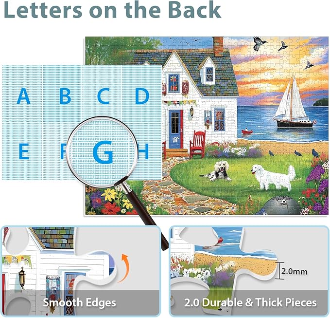 Puzzles for Adults 500 Pieces, Dog Birds Hourse Puzzle, Seaside Jigsaw Puzzles 500 Piece for Adults Kids Seniors, Recycled Cardboard Puzzle for Game Night Family Friends, 20.5x15 in