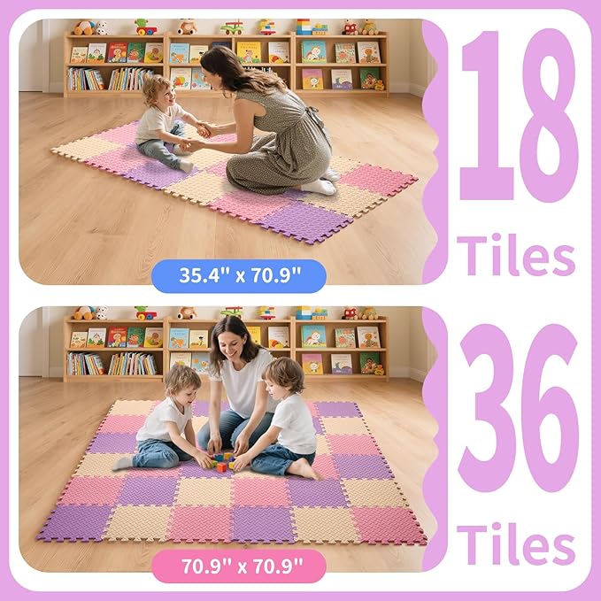 36 Tiles Foam Play Mat for Baby, 0.4 Inch Thick Foam Interlocking Floor Mats, Soft Non-Toxic Baby Playmat, Solid Colored Puzzle Play Mat Kids Floor Mats for Toddler(Pink/Beige/Purple)