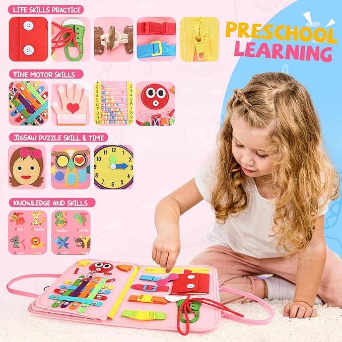 Toddler Busy Board, Montessori Sensory Toys for Boys, 1-4 Year Old Girl Toddler Travel Toys, Educational Learning Activities Board for Motor Skills, Birthday Gifts for Airplane Car, Pink
