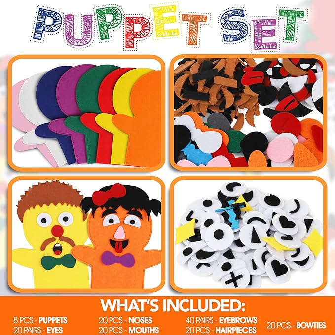 Puppet Planet™ 8PCS DIY Felt Hand Puppet Arts & Craft Kit - Create Your Own Puppets - Perfect Party and Holiday Activity for Boys and Girls - Creative Storytelling and Imaginative Play