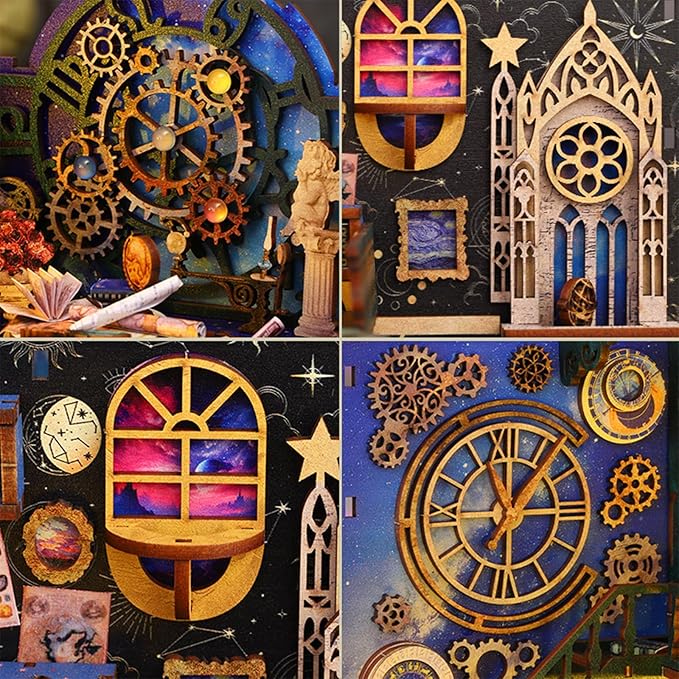 ISSEVE Book Nook Kit, 3D Wooden Puzzle DIY Miniature House Kit for Booknook Shelf Insert Decoration, Magic Book House Stand Bookshelf Dollhouse for Adults with Sensor Light (Explore The Universe)