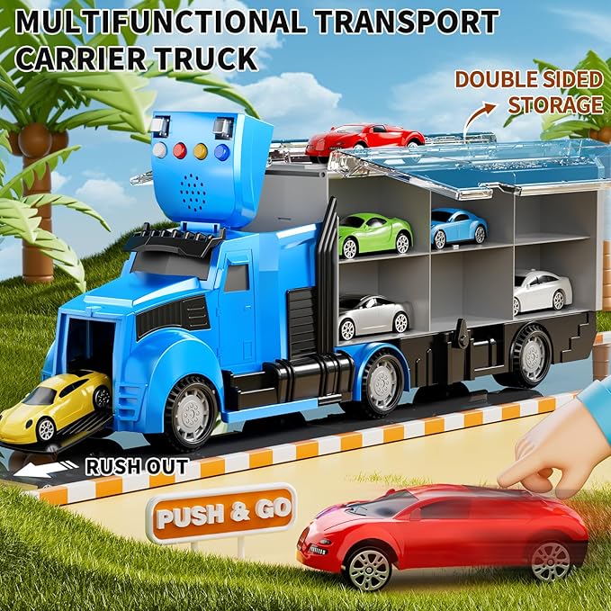 Racing Trucks Toy Set with Play Mat, Carrier Truck Play Vehicles Set for 3 4 5 6 Years Old Boys Kids, Die-Cast Car Toy for Toddlers 3-4 Years, Birthday Gifts Toys for 3-9 Year Old Boys