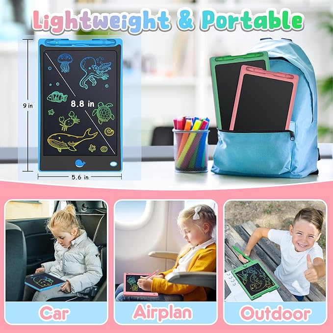 FLUESTON LCD Writing Tablet for Kids,Drawing Tablet for Boys Girls 3 4 5 6 7 8 Year,8.8 Inch 3pcs in 1 Pack Drawing Pad Toy Birthday Gifts for Toddler, Educational Doodle Board Cute Dinosaur Unicorn