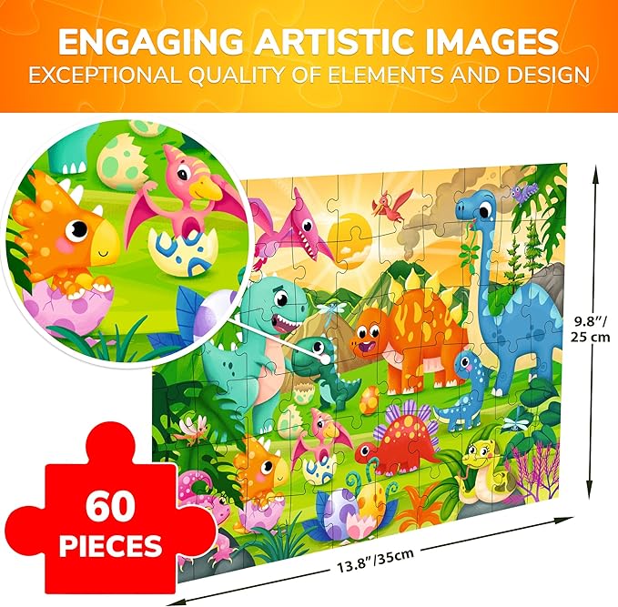 QUOKKA Puzzles for Kids Ages 4-6 – 60 Piece Jigsaw Puzzles for Toddlers Ages 3-5 with Dinosaurs – Quiet Time Toy for Preschoolers 2-4 – FSC Certified Educational Learning Game for Boys and Girls