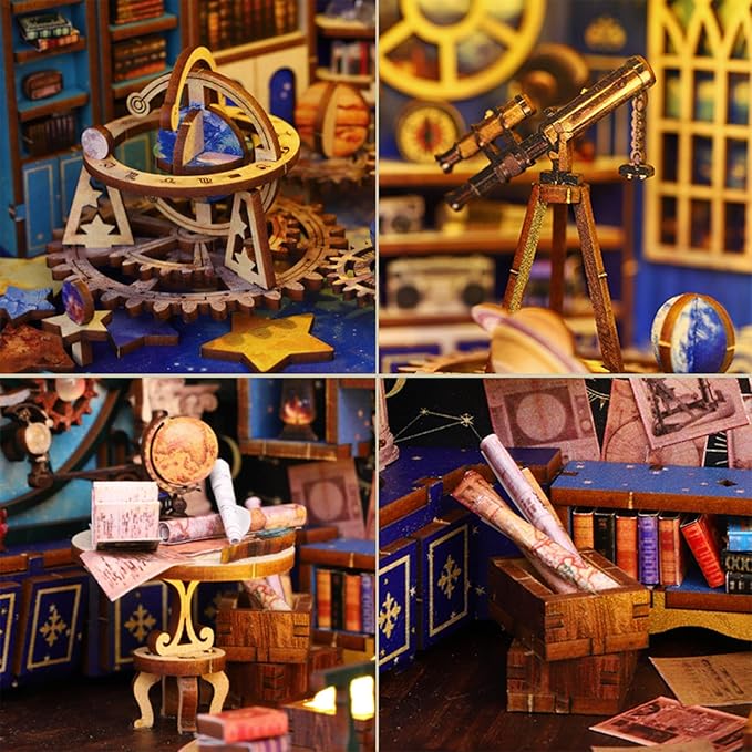 ISSEVE Book Nook Kit, 3D Wooden Puzzle DIY Miniature House Kit for Booknook Shelf Insert Decoration, Magic Book House Stand Bookshelf Dollhouse for Adults with Sensor Light (Explore The Universe)