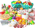 150Pcs Kitchen Playset, Toddlers Pretend Cooking Cookware Accessories, Food, Picnic Blanket, Fruits, Veges, 2Pack Shopping Storage Basket, Dessert and Prop Money, Gift for Kids (White)