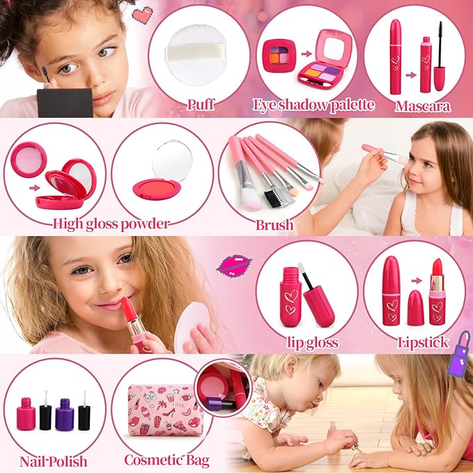 Toddler Girls Toys Pretend Makeup Kits - Fake Makeup Set Toys for Kids 3 4 5 6 Year Old , Play Makeup Gift for Little Girls 3-5, Toddler Makeup Kit with Fake Makeup Toy Birthday Gift