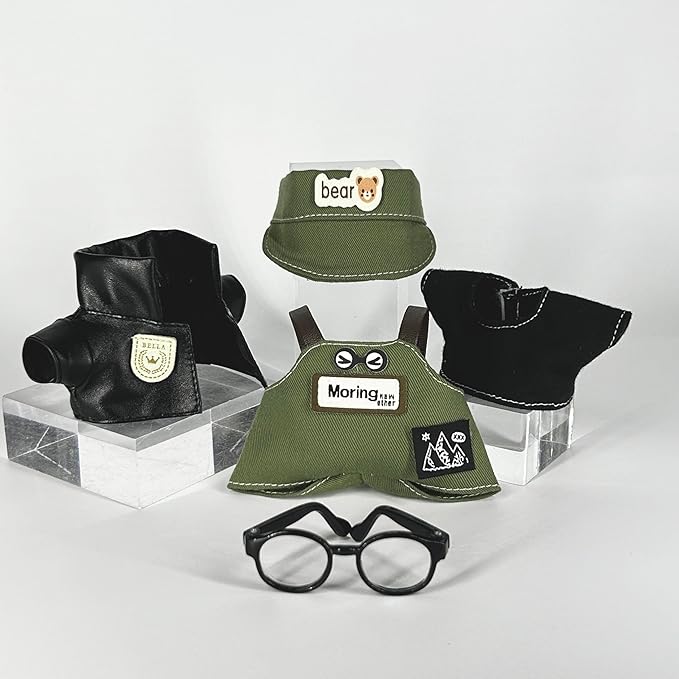 17cm Clothes Set (NO Doll) 5PC Set Hat Glasses Overalls for 17cm Accessories Suit, Doll Clothing for Trendy Blind Box，Cute Clothes for LBB Doll Dress up Unique Style,Free Combination (Olive)