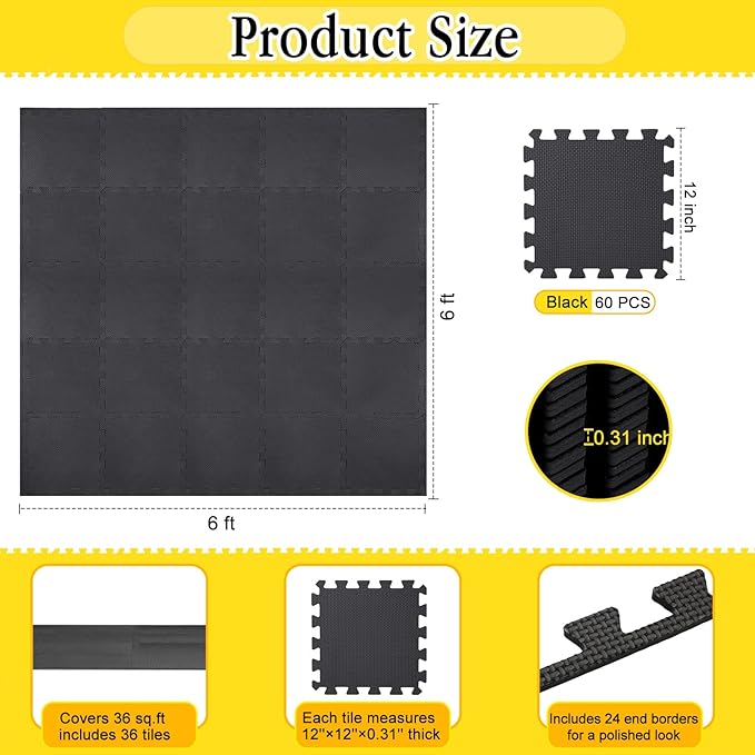 Nuanchu 60 Pcs Kids Foam Puzzle Floor Mat Bulk Solid Color Foam Play Mat with Borders Interlocking Multi Use Floor Rug for Baby Toddler Children Crawling Exercise Playroom 12 inch (Black)