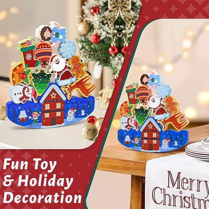 Vileafy Christmas Toys for Toddlers and Kids Gifts, Xmas Wooden Stacking Toys -12 Play Figure Playsets -Santa Claus, Snowman, Reindeer & Gingerbread Man for Stocking Stuffers
